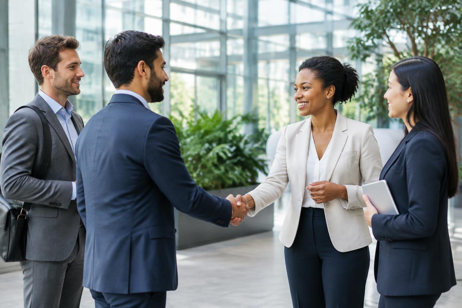 Professionals making new connections in a contemporary workplace