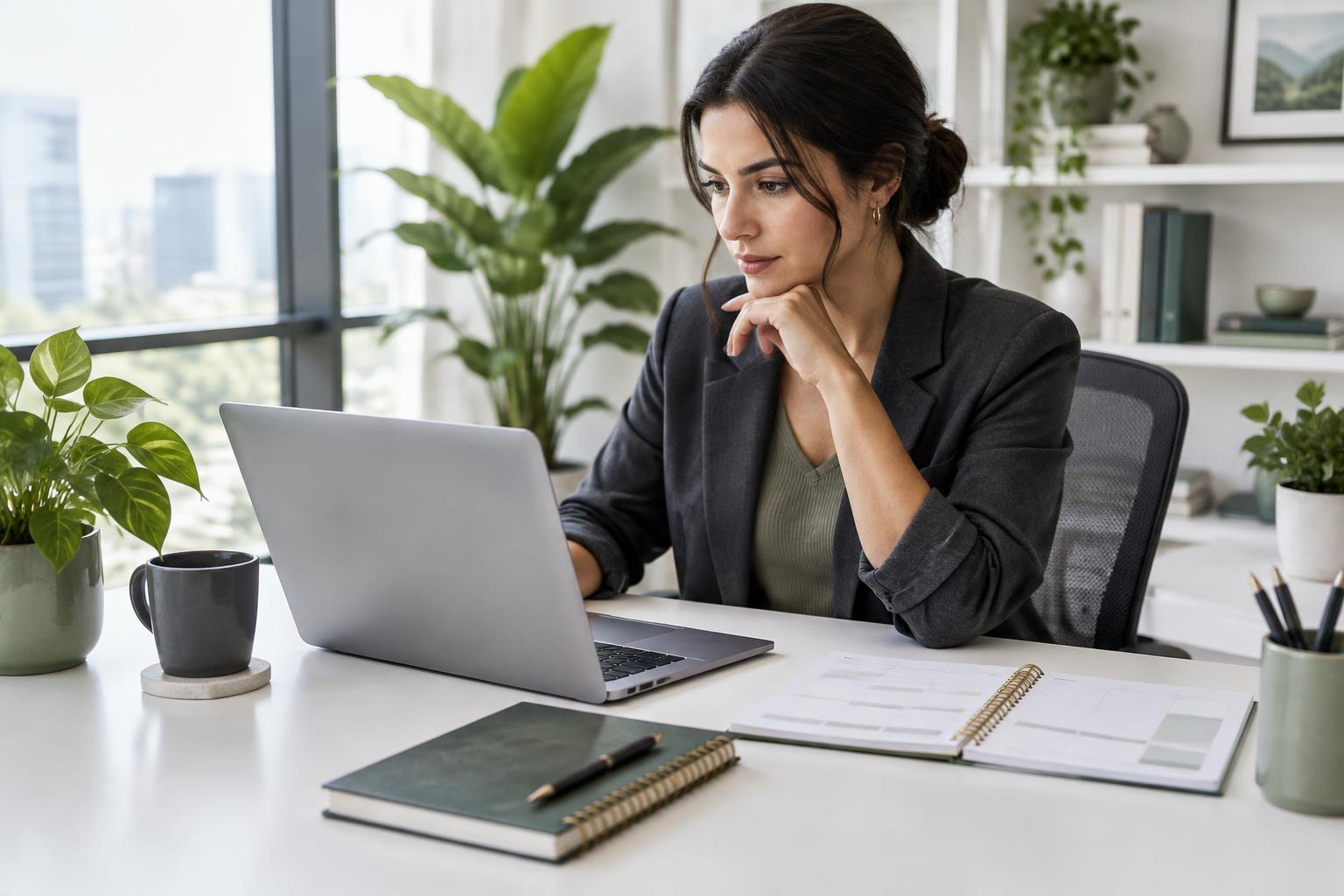 Professional organizing her job search with a notebook and laptop