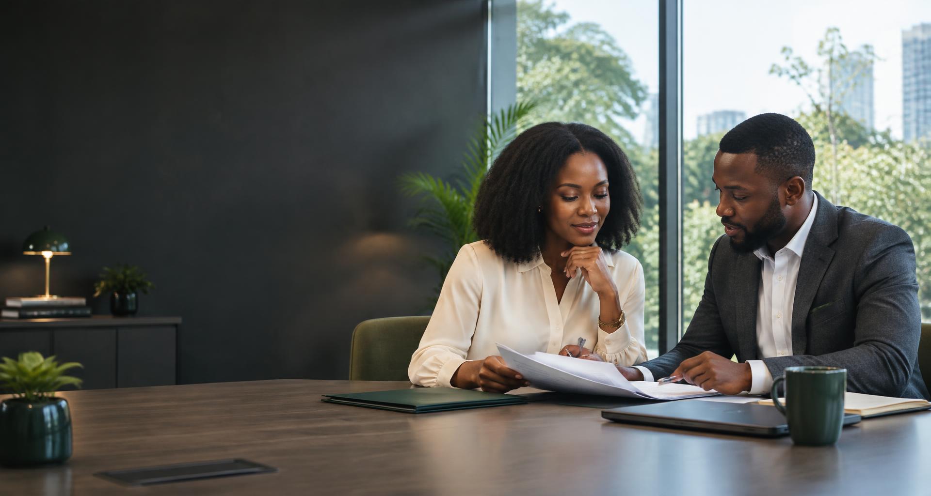 Two professionals thoughtfully reviewing career documents in a contemporary office